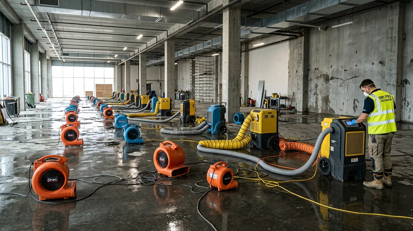 Industrial air movers drying out commercial building interior