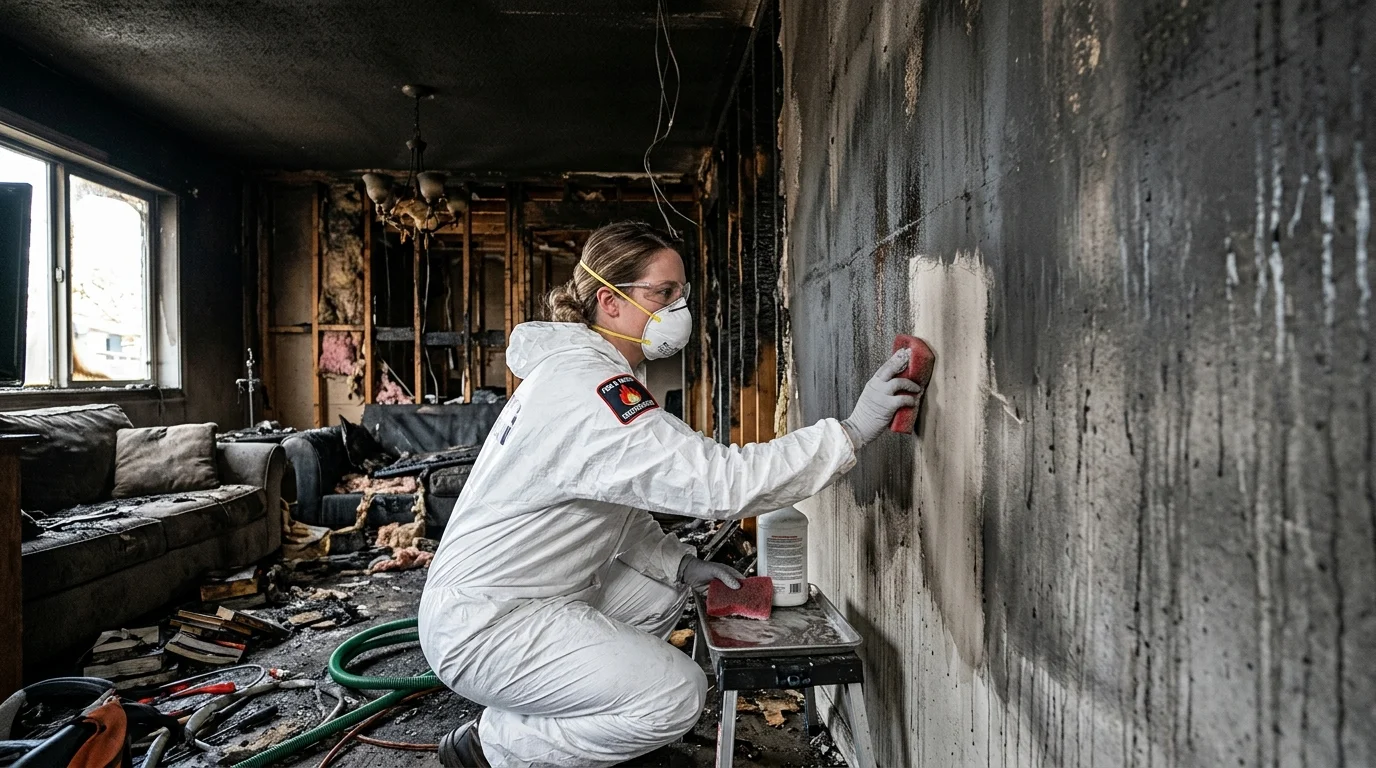Fire damage cleanup soot removal and smoke deodorization scene