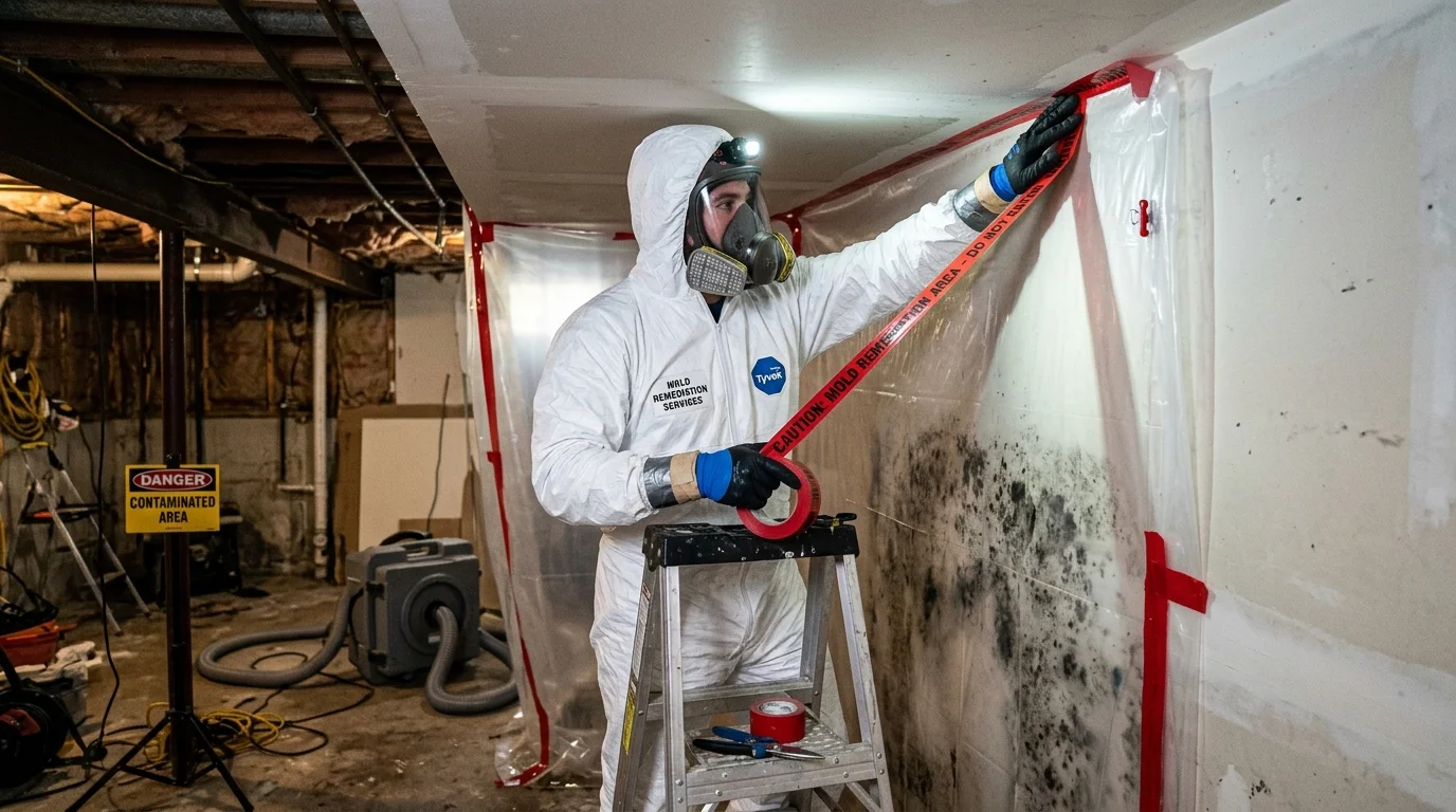 Certified mold remediation specialist in safety gear performing containment