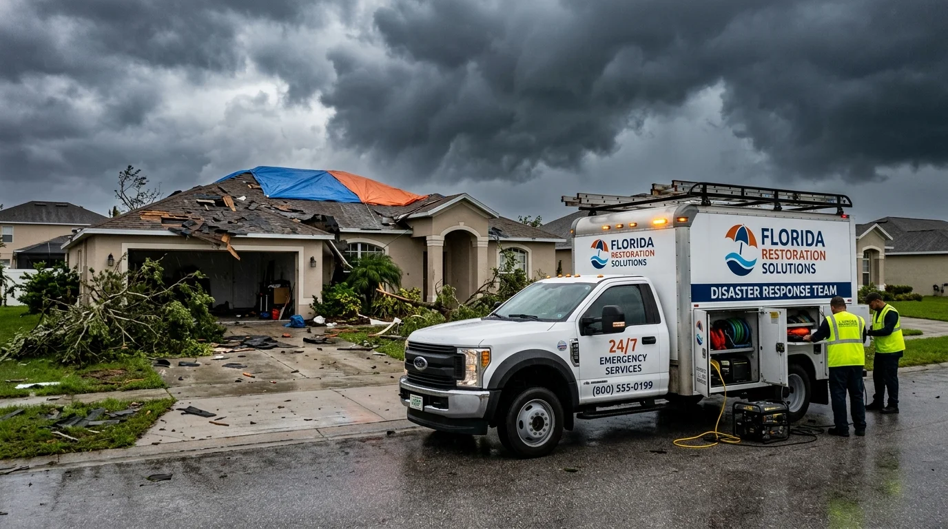 Disaster response truck parked outside storm damaged home in Florida