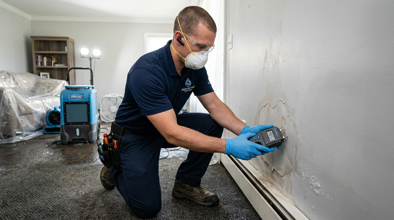 Professional technician performing water damage restoration and drywall drying