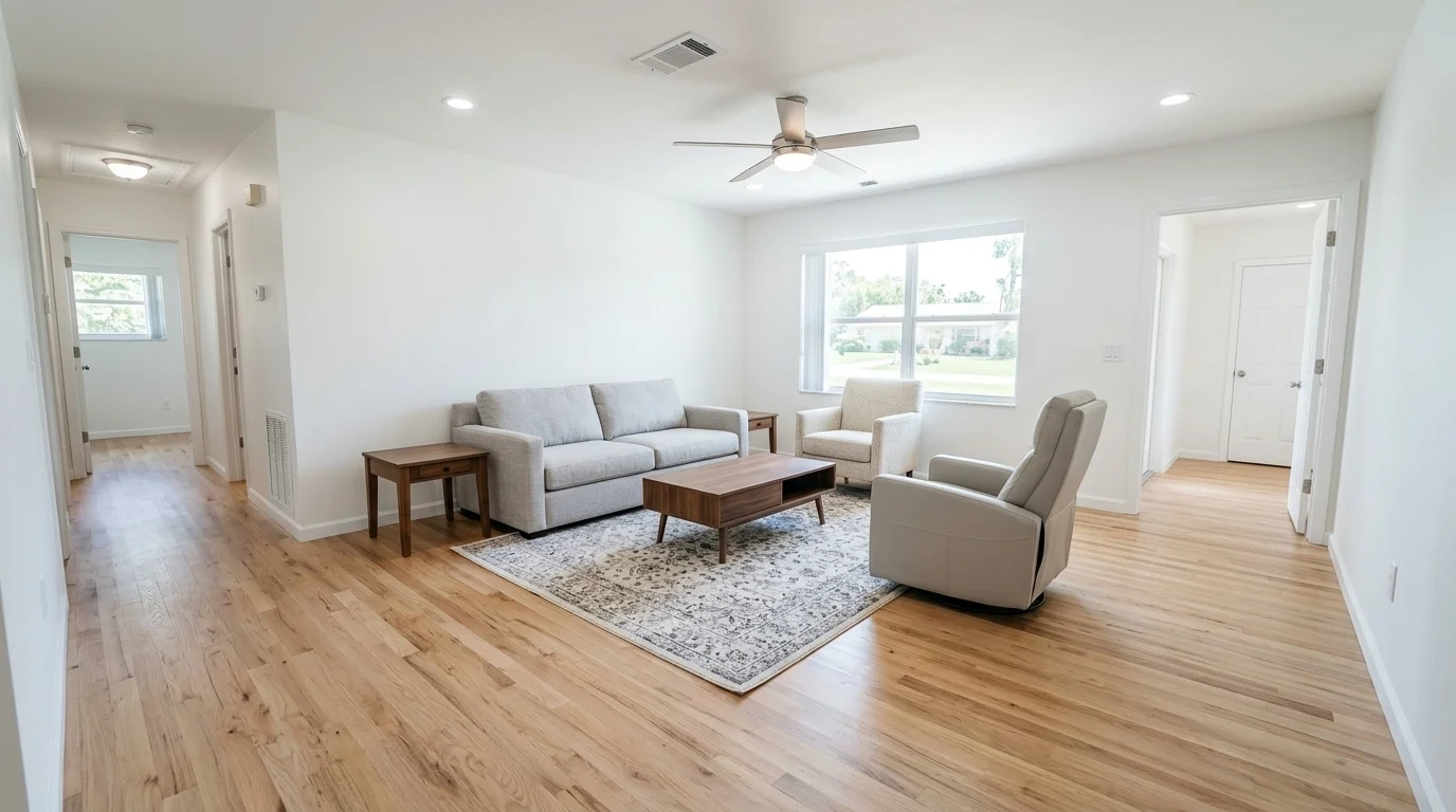Living room fully restored and dry after water cleanup