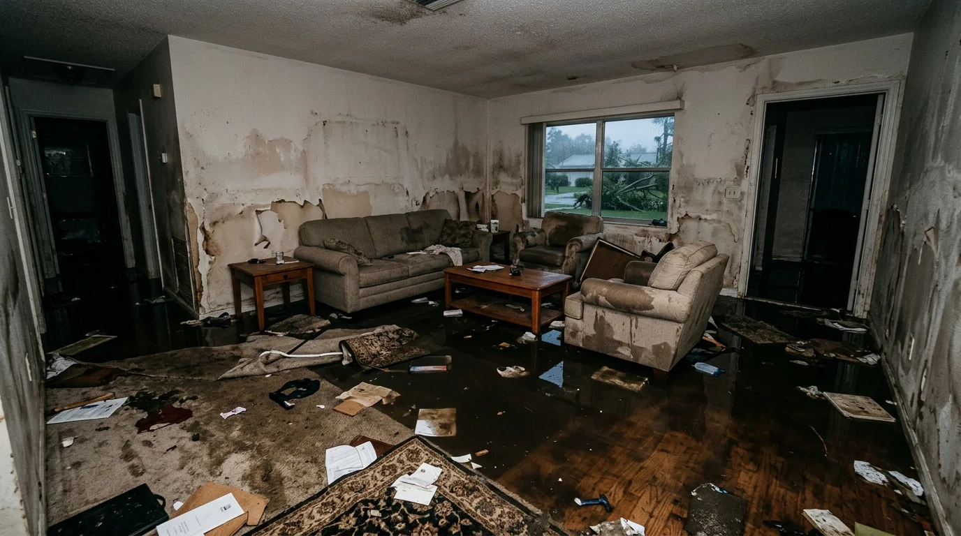 Living room with severe water damage and flooding before restoration